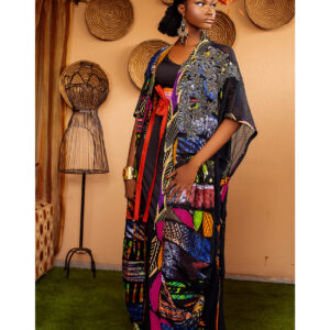 QUEEN AMINA KIMONO PATCHWORK ADIRE ON MESH