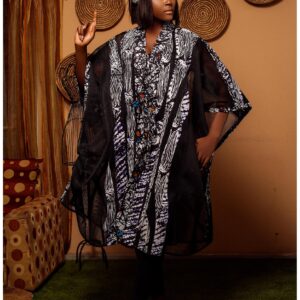 Queen Amina Black scuba sheer paneled kimono