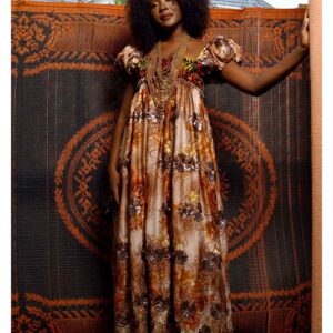 Bronze Embroidered SMOCKED Silk Dress